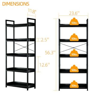 APPOLYN 5 Tier Bookshelf with 2 Hooks, Tall Bookcase, Modern Book Shelves Organizer, Bookshelves for Bedroom, Living Room and Home Office, Black