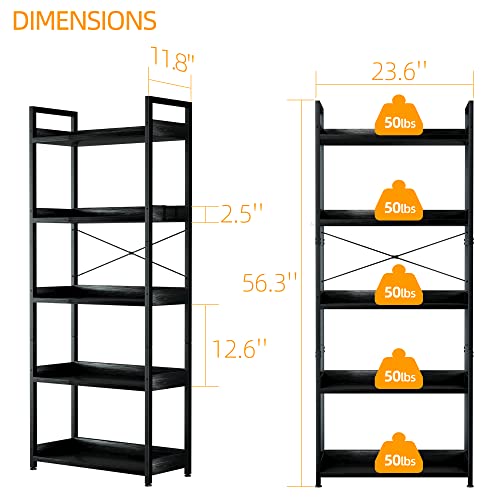 APPOLYN 5 Tier Bookshelf with 2 Hooks, Tall Bookcase, Modern Book Shelves Organizer, Bookshelves for Bedroom, Living Room and Home Office, Black