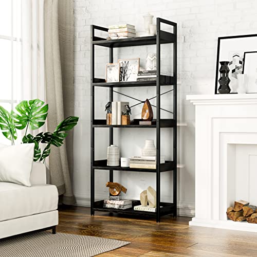 APPOLYN 5 Tier Bookshelf with 2 Hooks, Tall Bookcase, Modern Book Shelves Organizer, Bookshelves for Bedroom, Living Room and Home Office, Black