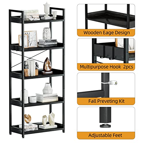 APPOLYN 5 Tier Bookshelf with 2 Hooks, Tall Bookcase, Modern Book Shelves Organizer, Bookshelves for Bedroom, Living Room and Home Office, Black