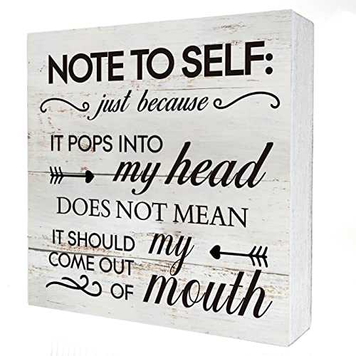 Funny Note to Self Just Because It Pops Into My Head Wooden Box Sign Desk Decor Rustic Wood Block Plaque Box Sign for Home Living Room Shelf Table Decoration (5 X 5 Inch)