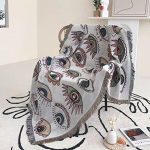 tiowik 32 eyes throw woven blanket with tassel for home decoration chair couch sofa bed beach travel picnic cloth tapestry shawl cozy cotton (white 63×51 inches)