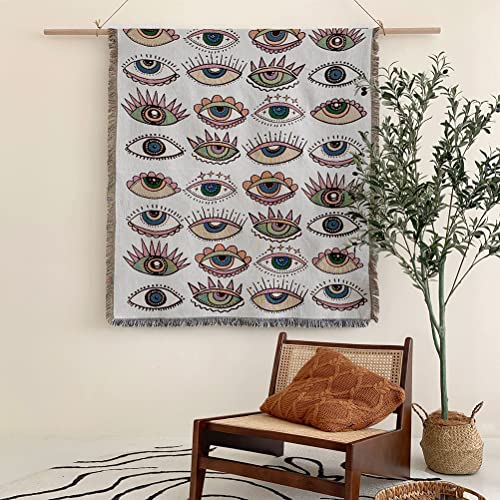 tiowik 32 Eyes Throw Woven Blanket with Tassel for Home Decoration Chair Couch Sofa Bed Beach Travel Picnic Cloth Tapestry Shawl Cozy Cotton (White 63×51 Inches)