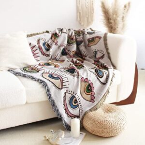 tiowik 32 Eyes Throw Woven Blanket with Tassel for Home Decoration Chair Couch Sofa Bed Beach Travel Picnic Cloth Tapestry Shawl Cozy Cotton (White 63×51 Inches)