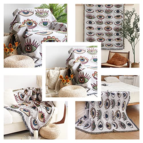 tiowik 32 Eyes Throw Woven Blanket with Tassel for Home Decoration Chair Couch Sofa Bed Beach Travel Picnic Cloth Tapestry Shawl Cozy Cotton (White 63×51 Inches)