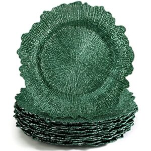 wuweot 12 pack charger plates, 13" green plastic reef charger plates with flora rim for catering events, wedding party restaurant dinner parties
