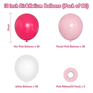 Pink White Latex Balloons, 80pcs 12 inch Hot Pink Pastel Pink White Balloons with Ribbon for Baby Shower Birthday Party Decorations (PinkWhite80pcs)