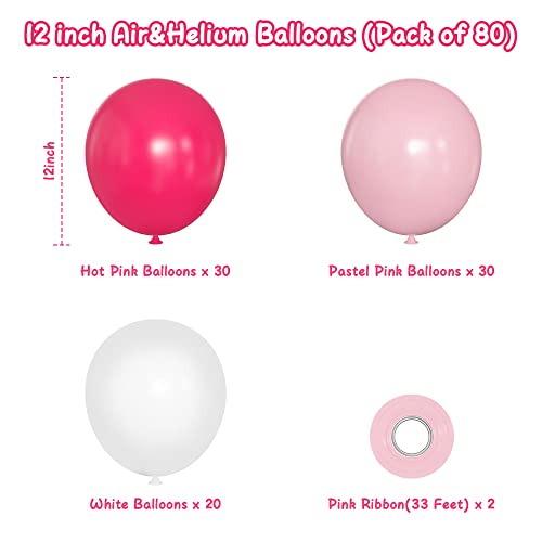 Pink White Latex Balloons, 80pcs 12 inch Hot Pink Pastel Pink White Balloons with Ribbon for Baby Shower Birthday Party Decorations (PinkWhite80pcs)