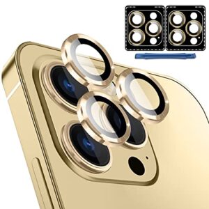 qsmqam [3x2 pack] camera lens protector for iphone 14 pro 6.1" & iphone 14 pro max 6.7", individual metal ring tempered glass camera cover, ultra-high definition,anti-scratch, with installation and removal aids(gold)