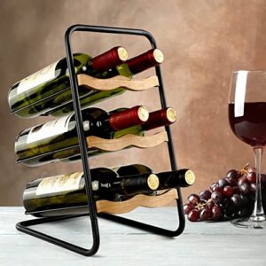 aqarea wine racks countertop（iron&wood） rustic 3-tier 6-wine bottles holder countertop small wine bottle storage rack stand