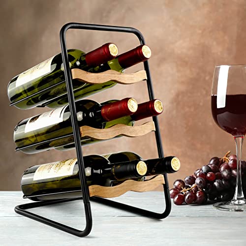 AQAREA Wine Racks Countertop（Iron&Wood） Rustic 3-Tier 6-Wine Bottles Holder Countertop Small Wine Bottle Storage Rack Stand