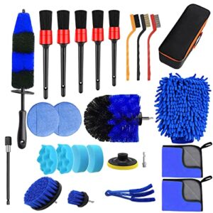 26pcs car cleaning tools, detailing brush set, car detailing kit, drill brush set, wire brush set, wheel brush kit for cleaning tire and rim, interior, exterior, leather, air vents, emblems, dashboard