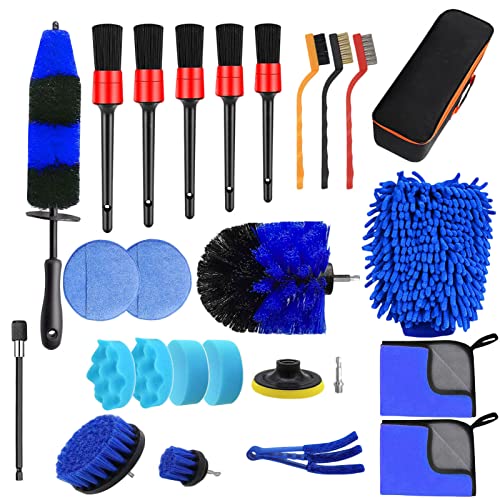 26Pcs Car Cleaning Tools, Detailing Brush Set, Car Detailing Kit, Drill Brush Set, Wire Brush Set, Wheel Brush Kit for Cleaning Tire and Rim, Interior, Exterior, Leather, Air Vents, Emblems, Dashboard