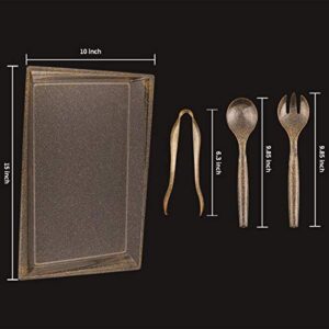 wellife 24 pack plastic gold glitter serving tray with disposable utensils, 6 rectangle platter 15” x 10”, 6 serving spoons 10”, 6 serving forks 10”, 6 serving tongs 6.3”, perfect for buffet & partie