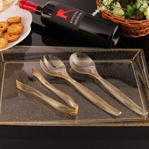 WELLIFE 24 Pack Plastic Gold Glitter Serving Tray with Disposable Utensils, 6 Rectangle Platter 15” x 10”, 6 Serving Spoons 10”, 6 Serving Forks 10”, 6 Serving Tongs 6.3”, Perfect for Buffet & Partie