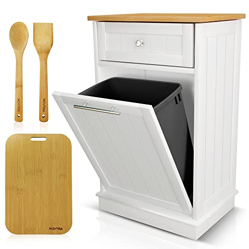 Novtra Tilt Out Trash Cabinet Laundry or Recycling Hamper - Wooden Tilt Out Trash bin - Multifunctional Trash Can Cabinet with Drawer, Bonus Bamboo Spatulas. (White) 10 Gal