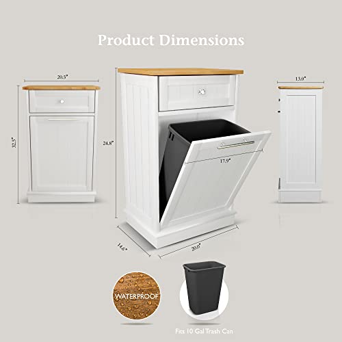 Novtra Tilt Out Trash Cabinet Laundry or Recycling Hamper - Wooden Tilt Out Trash bin - Multifunctional Trash Can Cabinet with Drawer, Bonus Bamboo Spatulas. (White) 10 Gal