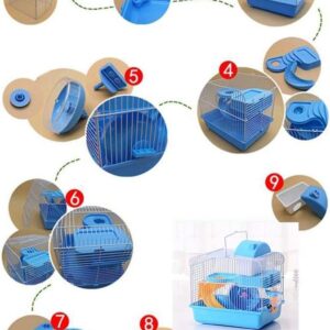 Zhang Ku 2-Tier Portable Travel Cage for Small Animals, Dwarf Hamster Travel Carrier with Carry Handle Exercise Wheel Water Bottle and Food Dish, 6.7 x 11.8 x 9.1 Inch (Blue) (SSS441)