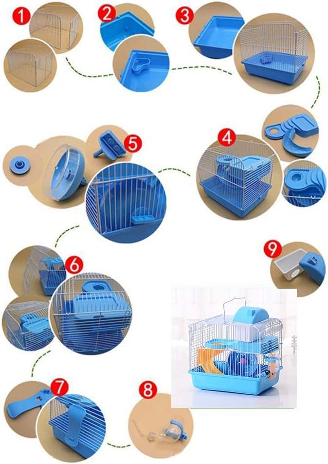 Zhang Ku 2-Tier Portable Travel Cage for Small Animals, Dwarf Hamster Travel Carrier with Carry Handle Exercise Wheel Water Bottle and Food Dish, 6.7 x 11.8 x 9.1 Inch (Blue) (SSS441)