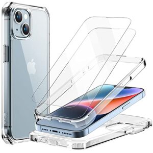 jetech case for iphone 14 plus 6.7-inch with 2-pack tempered glass screen protector, 360 full body shockproof bumper phone cover protective clear back (clear)