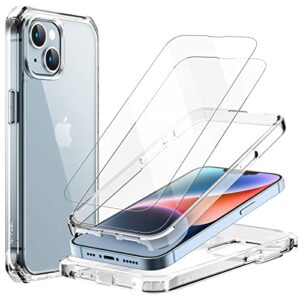 jetech case for iphone 14 6.1-inch with 2-pack tempered glass screen protector, 360 full body shockproof bumper phone cover protective clear back (clear)