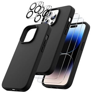 jetech 3 in 1 silicone case for iphone 14 pro 6.1-inch, with 2-pack screen protector and 2-pack camera lens protector, full coverage tempered glass film, shockproof phone cover (black)