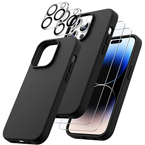 JETech 3 in 1 Silicone Case for iPhone 14 Pro 6.1-Inch, with 2-Pack Screen Protector and 2-Pack Camera Lens Protector, Full Coverage Tempered Glass Film, Shockproof Phone Cover (Black)