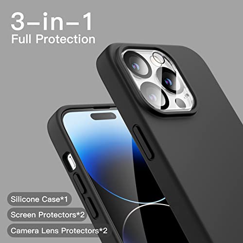 JETech 3 in 1 Silicone Case for iPhone 14 Pro 6.1-Inch, with 2-Pack Screen Protector and 2-Pack Camera Lens Protector, Full Coverage Tempered Glass Film, Shockproof Phone Cover (Black)