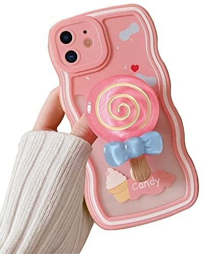 KUMTZO Compatible with iPhone 11 Case, Cute Cream Print Clear Soft TPU Case with Candy Ring Kickstand Camera Protection Shockproof Cover for Women Girls with iPhone 11 6.1 inch (Pink)