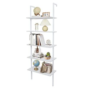 aclulion 5 tier wall mounted ladder shelves, industrial ladder bookcase with metal frame and wood shelf, modern learning bookshelf for living room, bedroom, office (24" w x 12" d x 71" h, white)