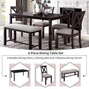 UBGO, 6 Piece Rustic Wooden Diningtable Dinette, Dining Room Furniture Set, Include Wood Table, Bench & 4 Chairs with Burlap Foam Cushion, for Home Living Space, (Espresso) B