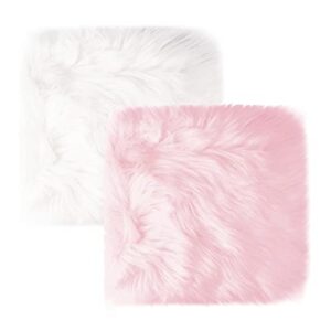 2pack 12’’ small faux fur cushion fluffy plush area rug, small product photo background & luxury photo props, great for tabletop photography, jewelry, nail art, home decor (square, white + pink)