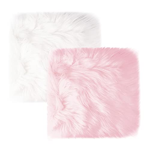 2Pack 12’’ Small Faux Fur Cushion Fluffy Plush Area Rug, Small Product Photo Background & Luxury Photo Props, Great for Tabletop Photography, Jewelry, Nail Art, Home Decor (Square, White + Pink)