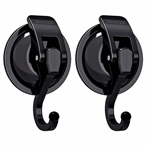 iRomic Heavy Duty Vacuum Suction Cup Hooks (2Pack) for Shower,Glass Window,Kitchen&Bathroom&Restroom Organization,Black.