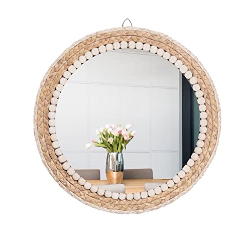 takor 17 Inch Boho Wall Mounted Mirror, Circle Decorative Hanging Mirror, Nature Rattan Mirror,Wall Decor for Bathroom,Living Room,Bedroom Burlywood
