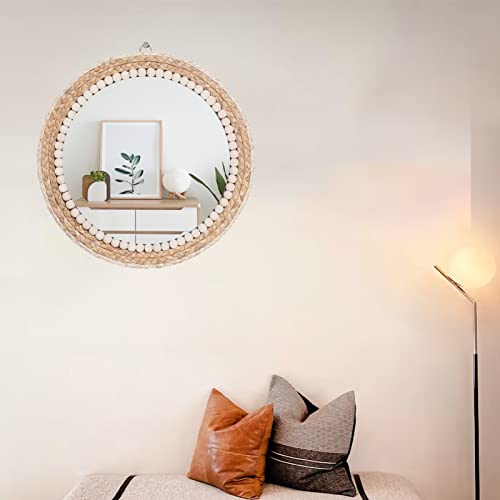 takor 17 Inch Boho Wall Mounted Mirror, Circle Decorative Hanging Mirror, Nature Rattan Mirror,Wall Decor for Bathroom,Living Room,Bedroom Burlywood