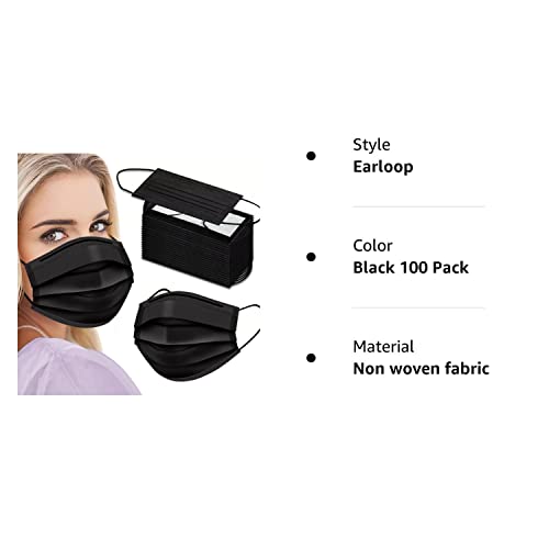 Black Face Masks Disposable 100 Pack 3 Ply Facemask with White Inside