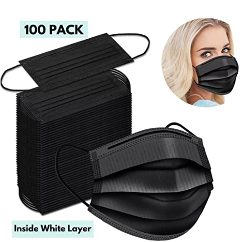 Black Face Masks Disposable 100 Pack 3 Ply Facemask with White Inside