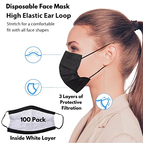 Black Face Masks Disposable 100 Pack 3 Ply Facemask with White Inside