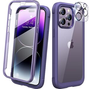 diaclara designed for iphone 14 pro max case 6.7 inch with screen protector touch sensitive, [2023 upgraded] 360 full body bumper cover+9h glass camera lens protector (royal purple)
