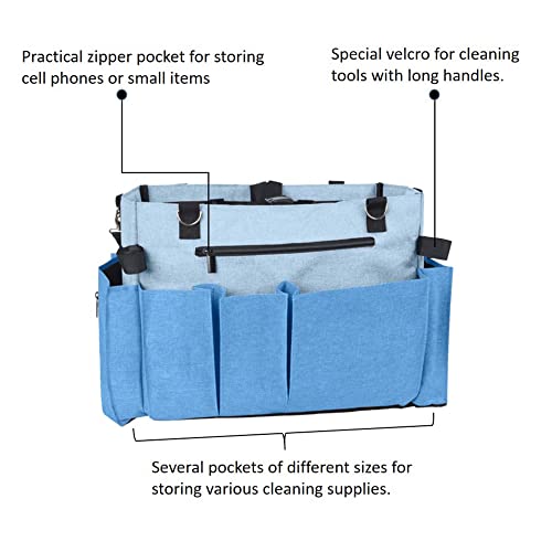 Hauzbara Cleaning Bag Large, Cleaner Caddy Organizer with Shoulder, Cleaning Tote for Cleaning Supplies, Wearable Cleaning Carry Caddy for Cleaning Products, Spray Bottles, Light Blue