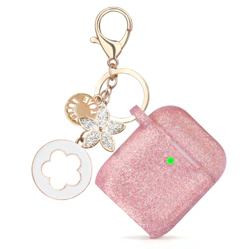 Bling AirPods 2nd Generation Case, VISOOM Cute Airpod Case 1st Generation with Keychain for Apple Airpod Case Cute Glitter Air Pod Case iPod Case Cover Women/Girls Silicone AirPods 2 Case(Rose Gold)