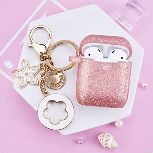 Bling AirPods 2nd Generation Case, VISOOM Cute Airpod Case 1st Generation with Keychain for Apple Airpod Case Cute Glitter Air Pod Case iPod Case Cover Women/Girls Silicone AirPods 2 Case(Rose Gold)