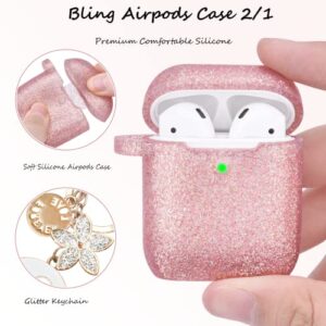 Bling AirPods 2nd Generation Case, VISOOM Cute Airpod Case 1st Generation with Keychain for Apple Airpod Case Cute Glitter Air Pod Case iPod Case Cover Women/Girls Silicone AirPods 2 Case(Rose Gold)