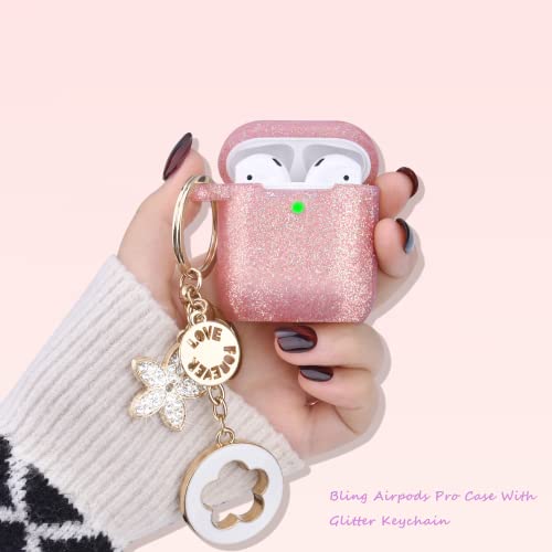 Bling AirPods 2nd Generation Case, VISOOM Cute Airpod Case 1st Generation with Keychain for Apple Airpod Case Cute Glitter Air Pod Case iPod Case Cover Women/Girls Silicone AirPods 2 Case(Rose Gold)