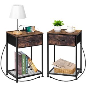 bedroom nightstands set of 2 end tables living room with charging station farmhouse side tables industrial bedside tables with fabric drawer for small spaces guest room home decor, rustic brown