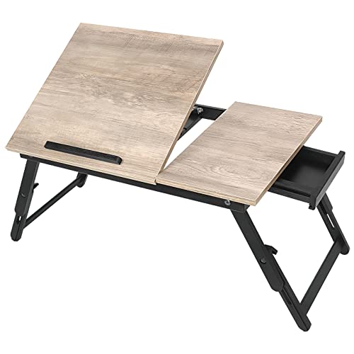 JMLHMXC Bamboo Laptop Desk Bed Tray Table Adjustable Table for Computer Tilting Top Foldable Leg with Drawer