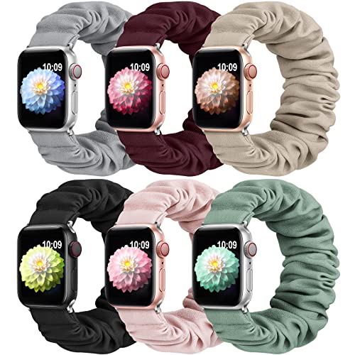 TransJoy 6 Pack Scrunchie Solo Loop Cute Watch Band Compatible for Apple Watch 38mm 40mm 41mm 42mm 44mm 45mm Women, Lady Cloth Stretchy Strap for iWatch Series 8 7 6 5 4 3 SE(38 S-Stone)