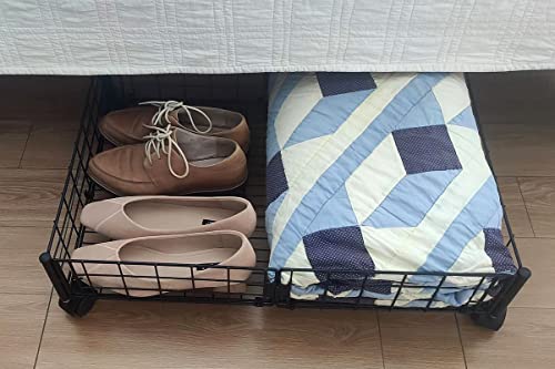 Under-Bed Storage with Wheels, 2-in-1 Rolling Carts with Liner Bags Fit 6.5 inch Low Bed Frame, Under-Bed Shoe Storage Organizer for Clothes, Toy, Book, Blanket, Under-Bed Storage Containers, 2 Pack