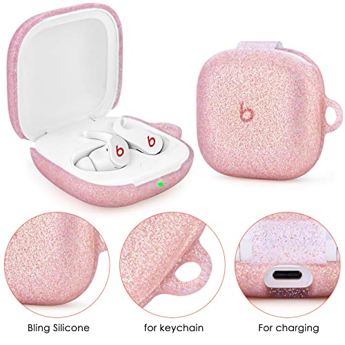 VISOOM Bling Beats Fit Pro Case Cover, Silicone Beats Pro Case Cover for Women with Glitter Keychain for Beat Fit Pro Case Cute Beats Fit Pro Case Protector Case Beats Fit Pro (Rose Gold)